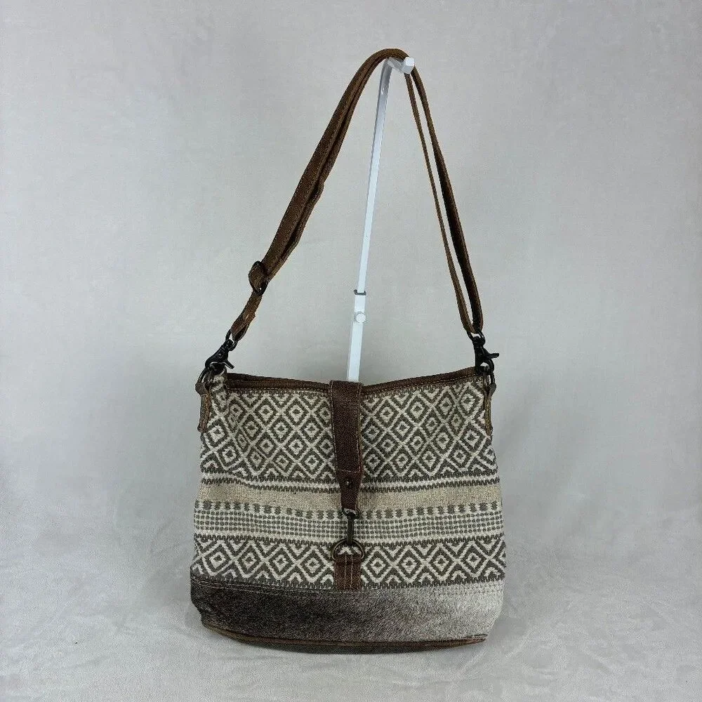 Myra Identity Crossbody Bag -Brown Gray Woven Cotton Geometric Boho Western
